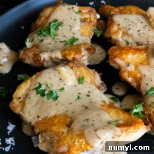 Crispy boneless chicken thigh with a garlic cream sauce on a black plate.
