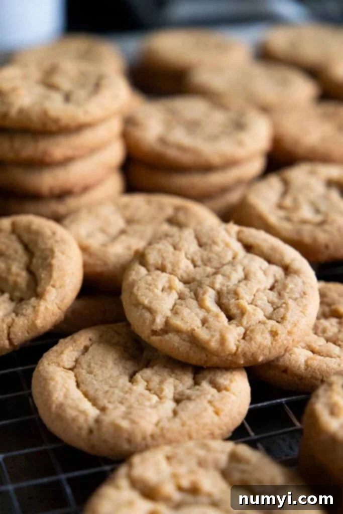 Grandma's Peanut Butter Cookies 8 Crunchy peanut butter cookies stacked on top of each other.