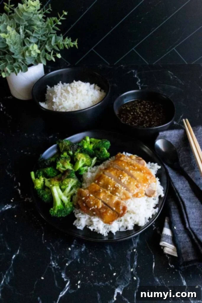 Mouthwatering Golden Crispy Teriyaki Thighs 4 Chicken teriyaki thighs with rice and broccoli