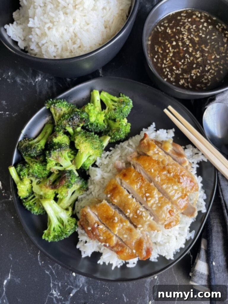 Mouthwatering Golden Crispy Teriyaki Thighs 10 Chicken Teriyaki Thighs with rice and broccoli. Sauce on the side