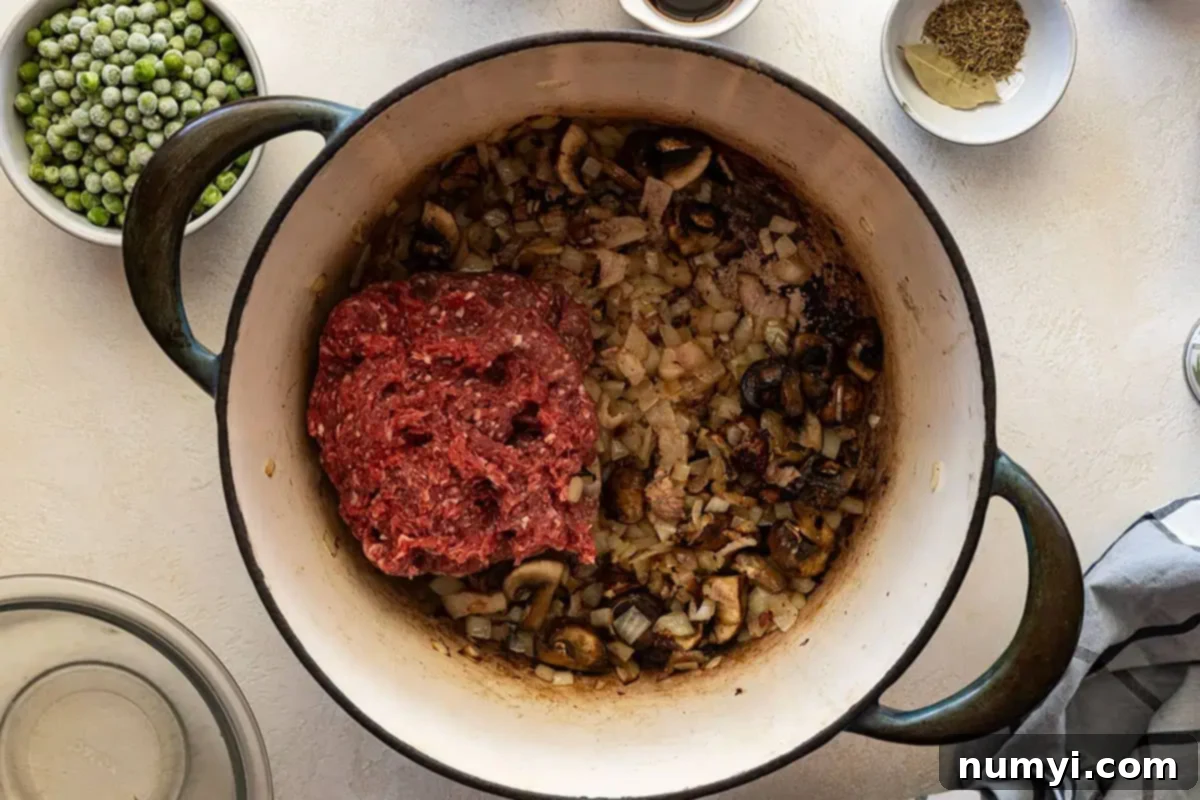 Pot with browned vegetables and meat. 