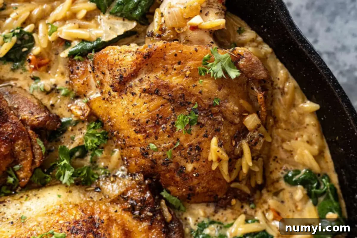 Close up of chicken thigh in the orzo garnished with fresh parsley. 