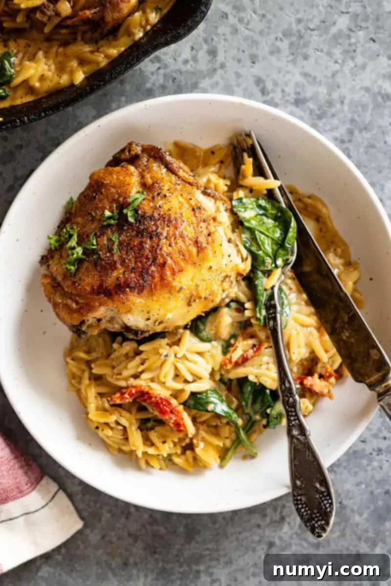 Chicken thigh and pasta in a white bowl with fork and knife to the side. 