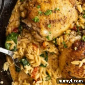 Overhead picture of tuscan chicken orzo in a cast iron skillet with one thigh removed to show the creamy orzo underneath.