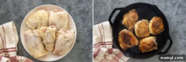 Overhead photo of seasoned chicken and browning chicken.