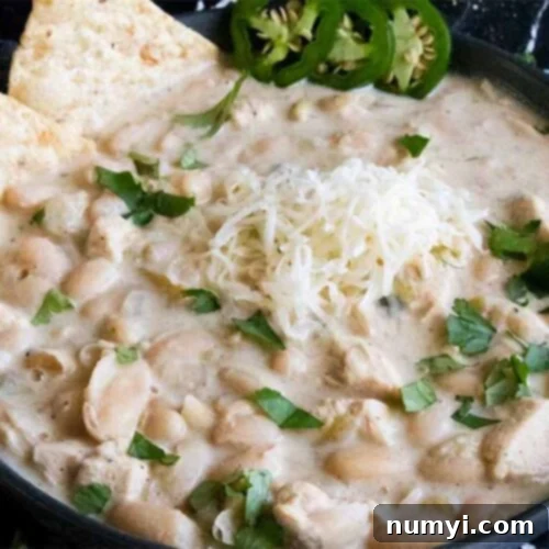 White chicken chili in a black bowl.