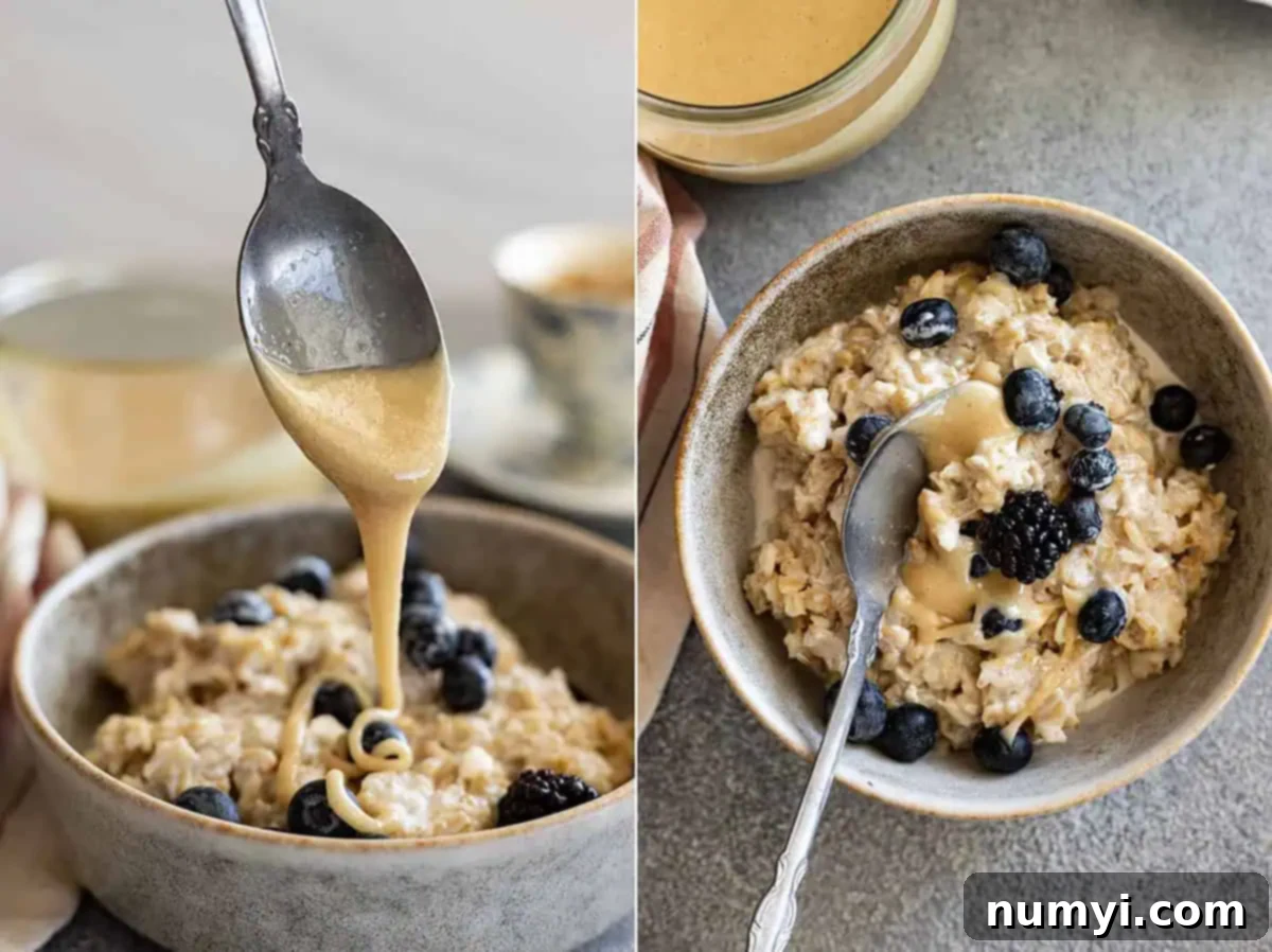 Whip Up Irresistibly Creamy Honey 7 Creamed honey being drizzled over oatmeal.