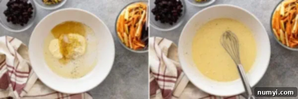 Two pictures showing how to whisk the creamy mayonnaise-based dressing.
