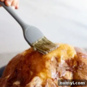 A brush adding glaze to a ham.