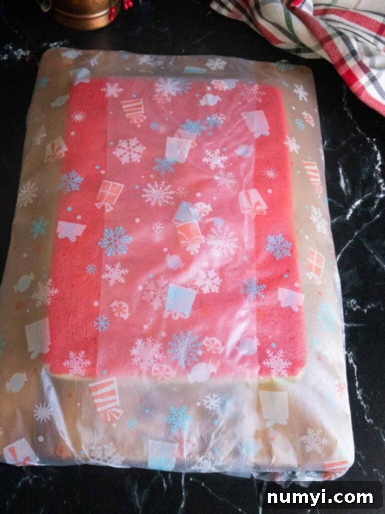 The three vibrant layers of Italian rainbow cookies—green, white, and red—stacked neatly on a wooden board and tightly wrapped in plastic wrap, ready for chilling.