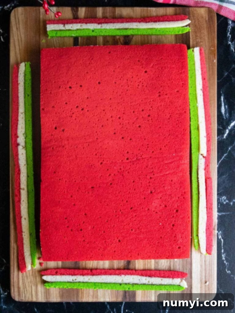 Precisely trimmed edges of the Italian rainbow cookie layers, revealing the clean, vibrant red, white, and green stripes, ready for chocolate coating.