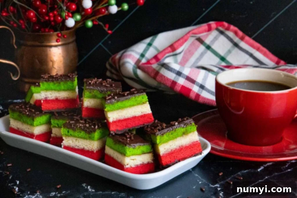 A festive spread of Italian rainbow cookies on a white tray, accompanied by a steaming red cup of coffee, perfect for a cozy break or holiday gathering.