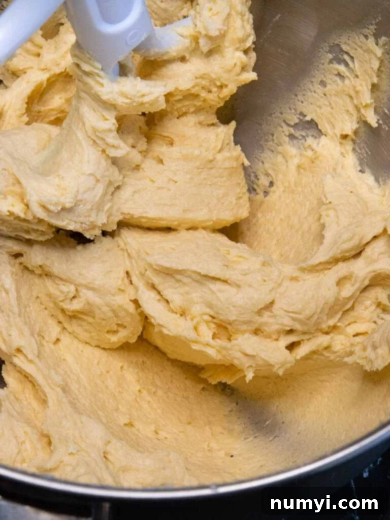 The final Italian rainbow cookie dough after all-purpose flour has been gently mixed in, showing a smooth and cohesive batter ready for coloring.