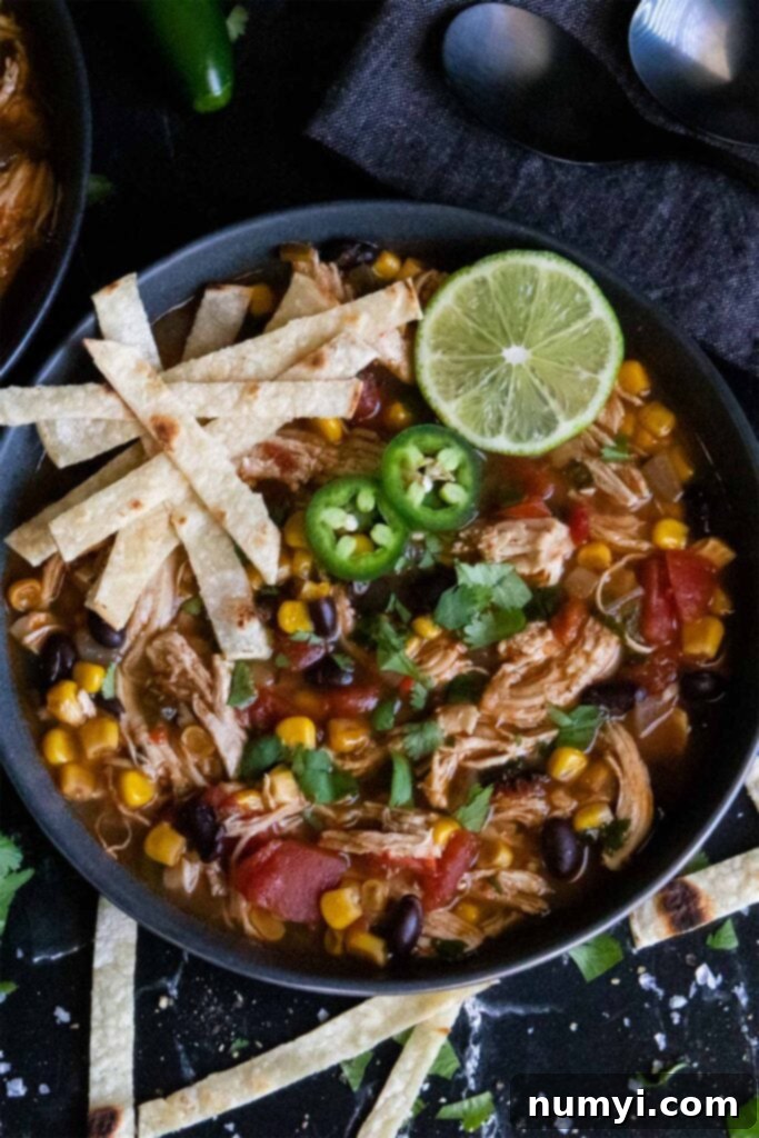 Stovetop Chicken Tortilla Soup 7 Chicken tortilla soup in a dark bowl with all sorts of garnish