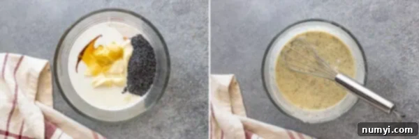 Two images showing how to make the poppyseed dressing.