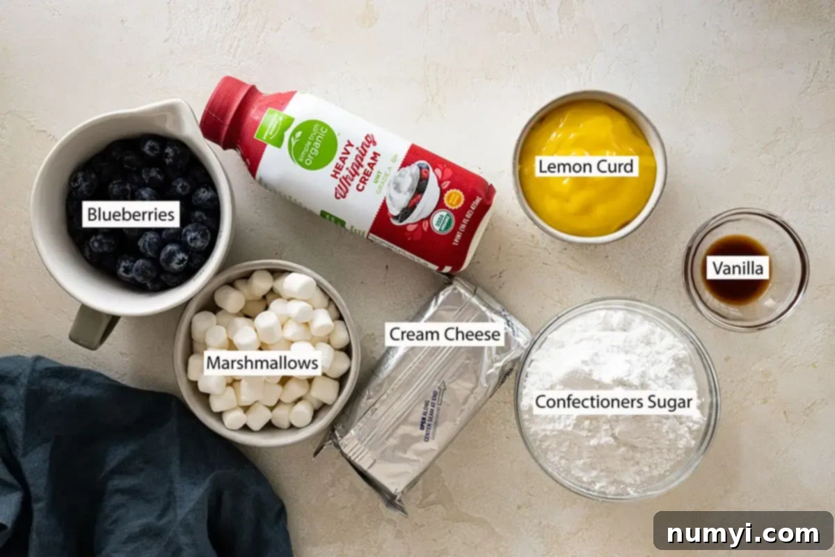 Ingredients: blueberries, lemon curd, heavy cream, marshmallows, cream cheese, confectioners' sugar. 