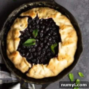 Close up of blueberry galette with a scoop of ice cream and fresh mint leaves garnishing.
