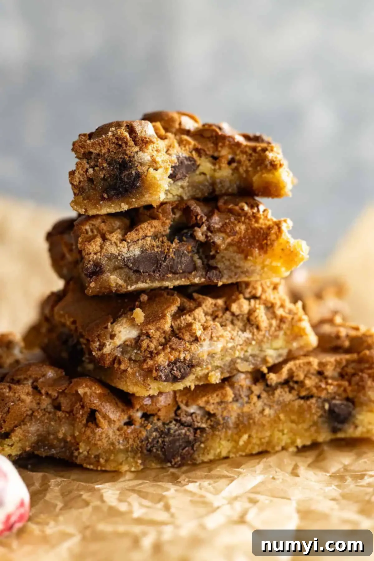 Stack of mud hen bars, showing their rich, layered texture.