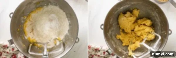 Two pictures showing how to mix up the cookie base after adding in the dry ingredients.