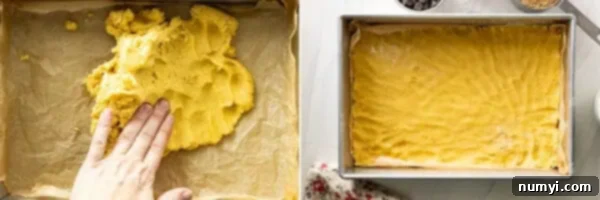 Two pictures showing how to press cookie base into pan.
