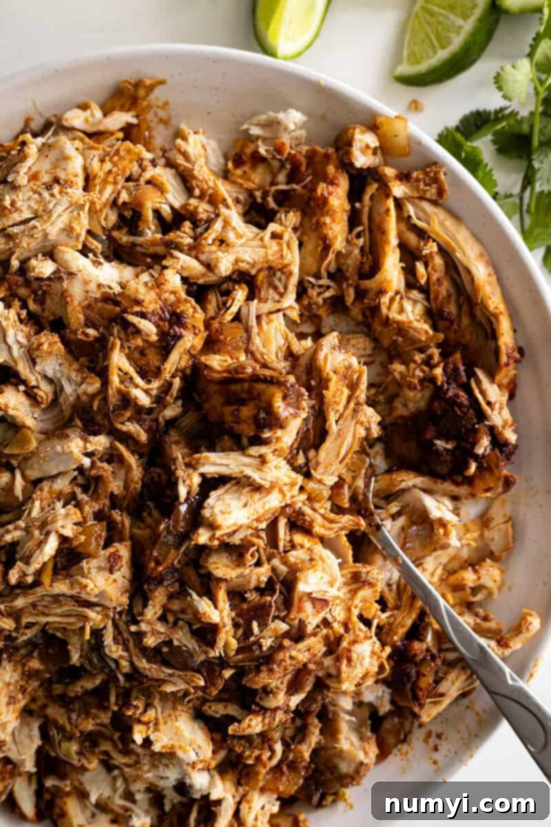 Close up of crockpot chicken taco filling, showcasing its rich texture and color.