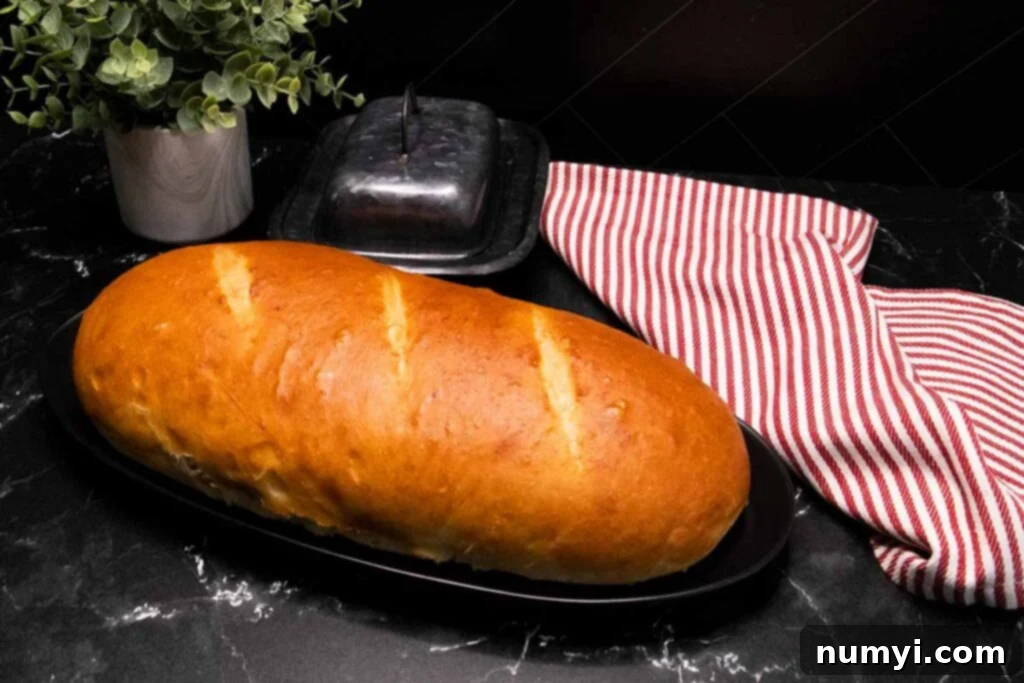 A beautifully baked loaf of homemade Italian bread artfully placed on a black plate, next to a charming red and white checkered kitchen towel.