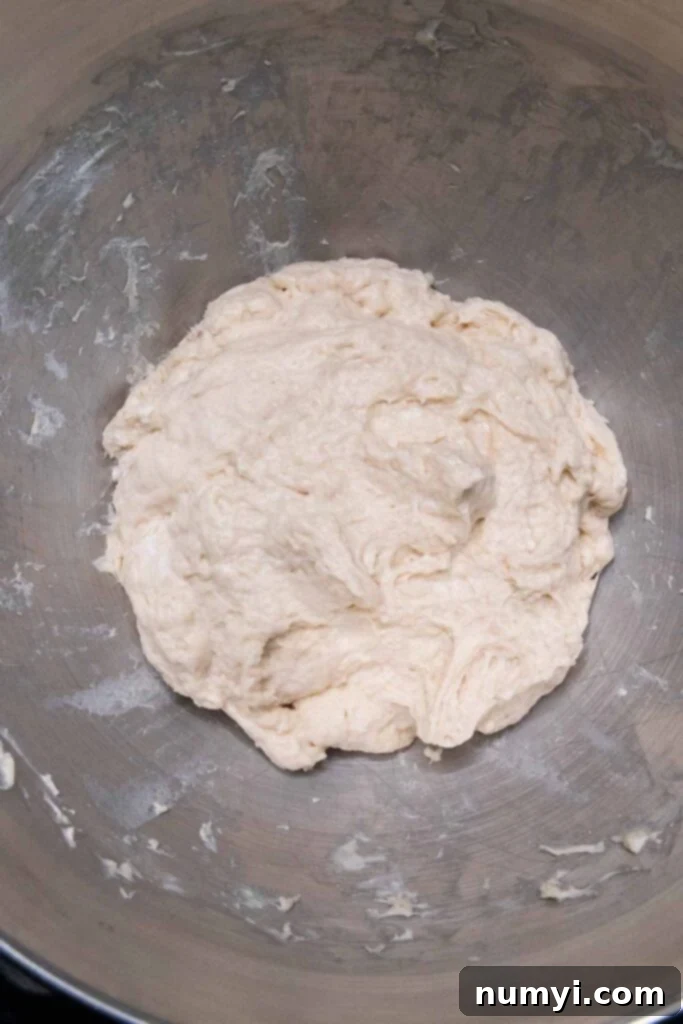 The bread dough after its first rise, significantly expanded and visibly soft in the mixing bowl.