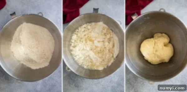 Three pictures showing how to mix up the dough.