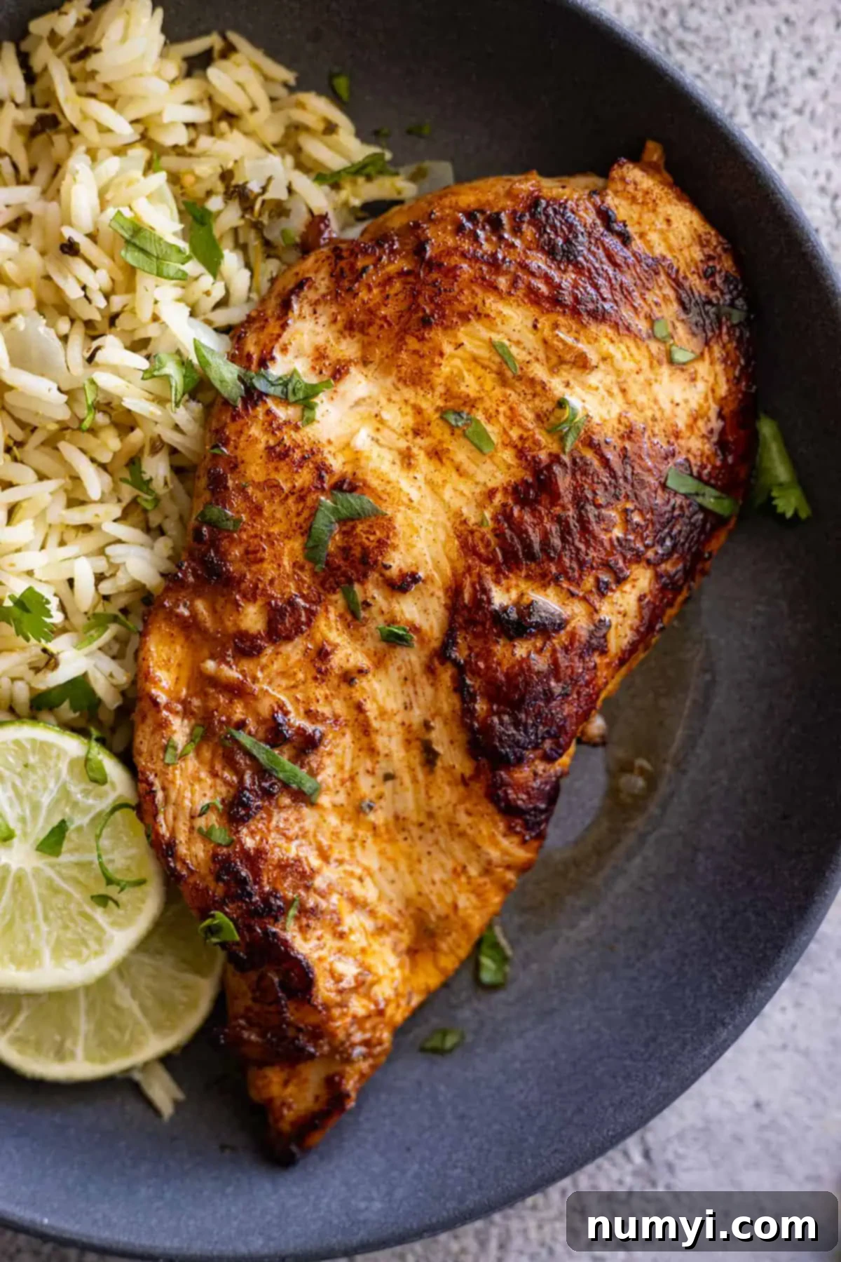 Overhead view of perfectly cooked Mexican marinated chicken slices on a blue plate with a side of rice, garnished with fresh cilantro and lime wedges.