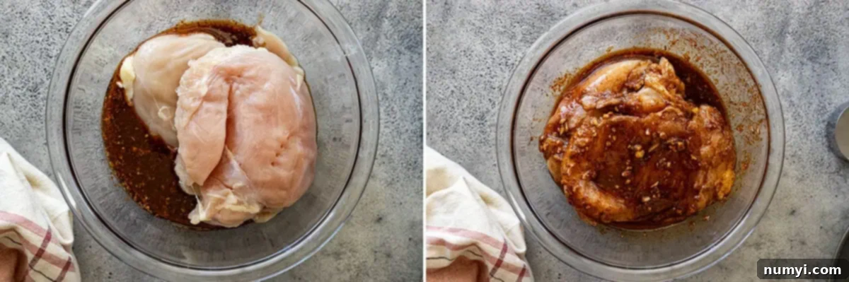 Two side-by-side pictures demonstrating the Mexican chicken marinade process: one showing the liquid marinade in a bowl, and the other showing raw chicken pieces being coated in the rich, orange-hued marinade in a bowl, ready for chilling.