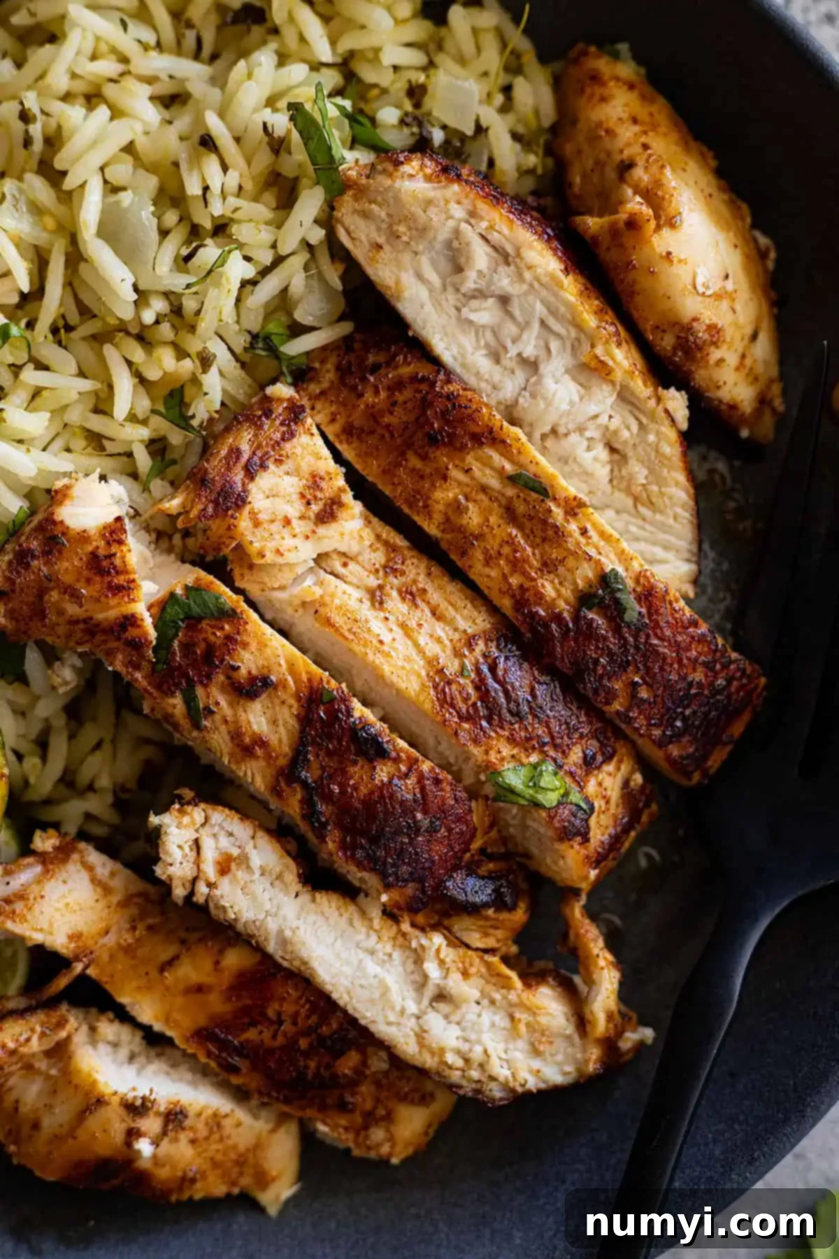 Overhead view of perfectly sliced Mexican chicken pieces arranged neatly on a white plate, showcasing the flavorful char and juicy interior, ready for serving.