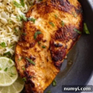 Overhead view of chicken on a blue plate with rice off to the side.
