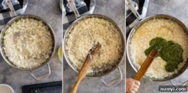 Three step-by-step images showing the cooking process: toasting rice and onion, adding the green sauce and broth, and the rice simmering in the skillet.