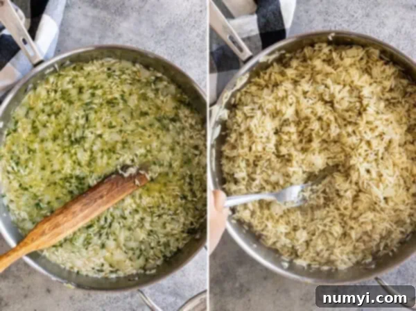Two pictures demonstrating the final stages: perfectly cooked green rice in the pan with the lid on for resting, and then fluffed with a fork to reveal separate grains.