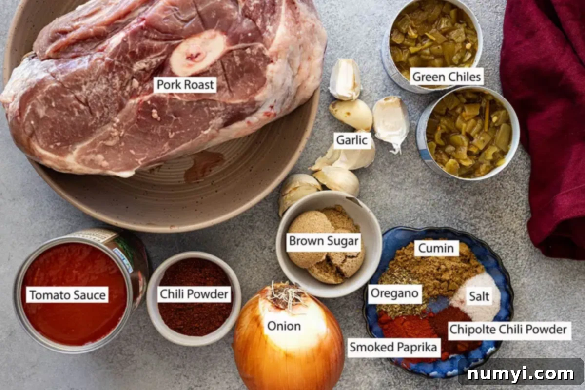 Ingredients: pork roast, tomato sauce, chili powder, onion, brown sugar, garlic, cumin, oregano, smoked paprika, chipolte, and green chiles. 