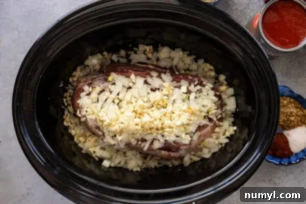 Overhead view of pork roast topped with onions.