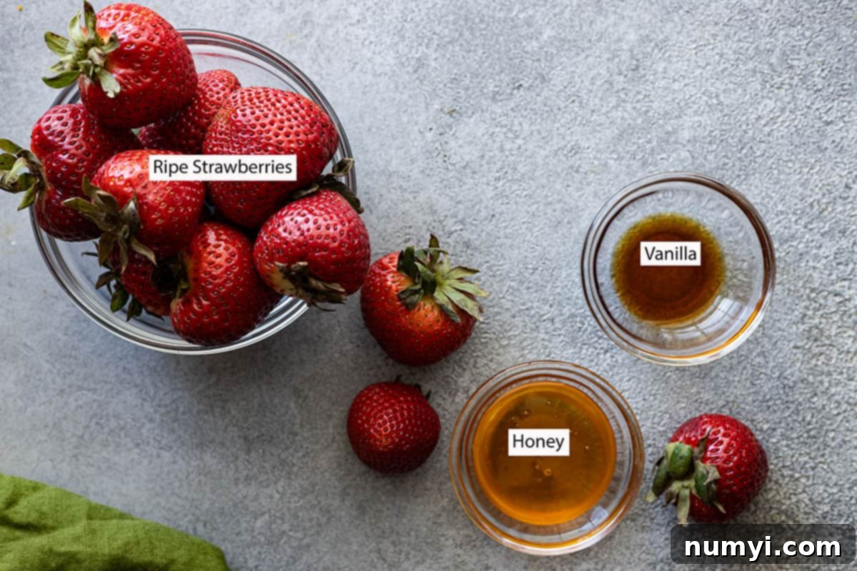 Ingredients for baked strawberries: fresh strawberries, golden honey, and a bottle of vanilla extract on a rustic background.