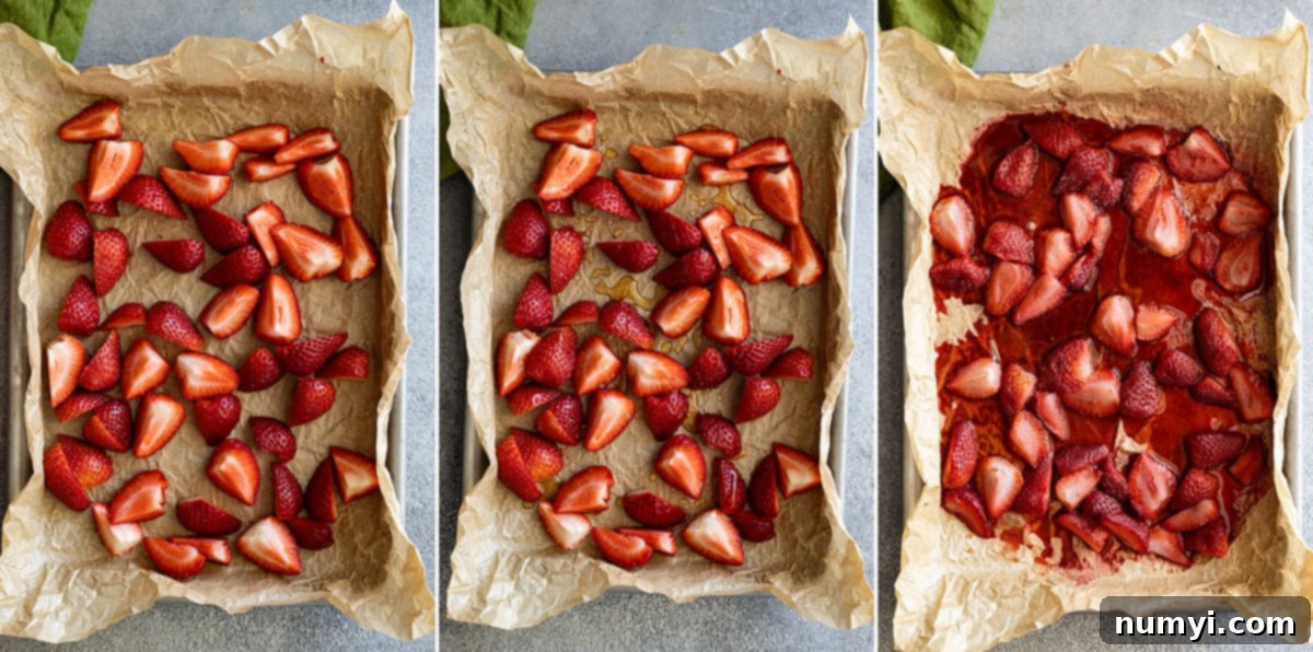 Three step-by-step pictures illustrating how to prepare strawberries for baking, from slicing to arranging on a baking sheet, and the final beautifully roasted outcome.