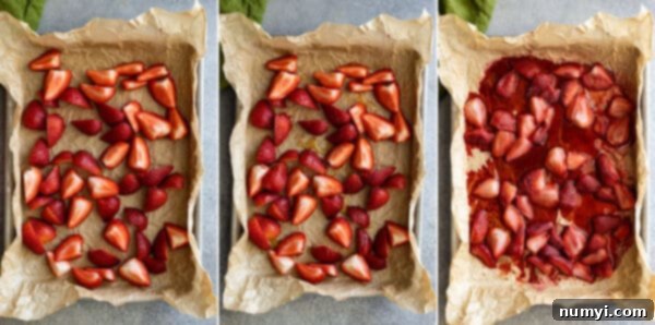 Three pictures showing how to prepare the strawberries to bake and after they come out of the oven.