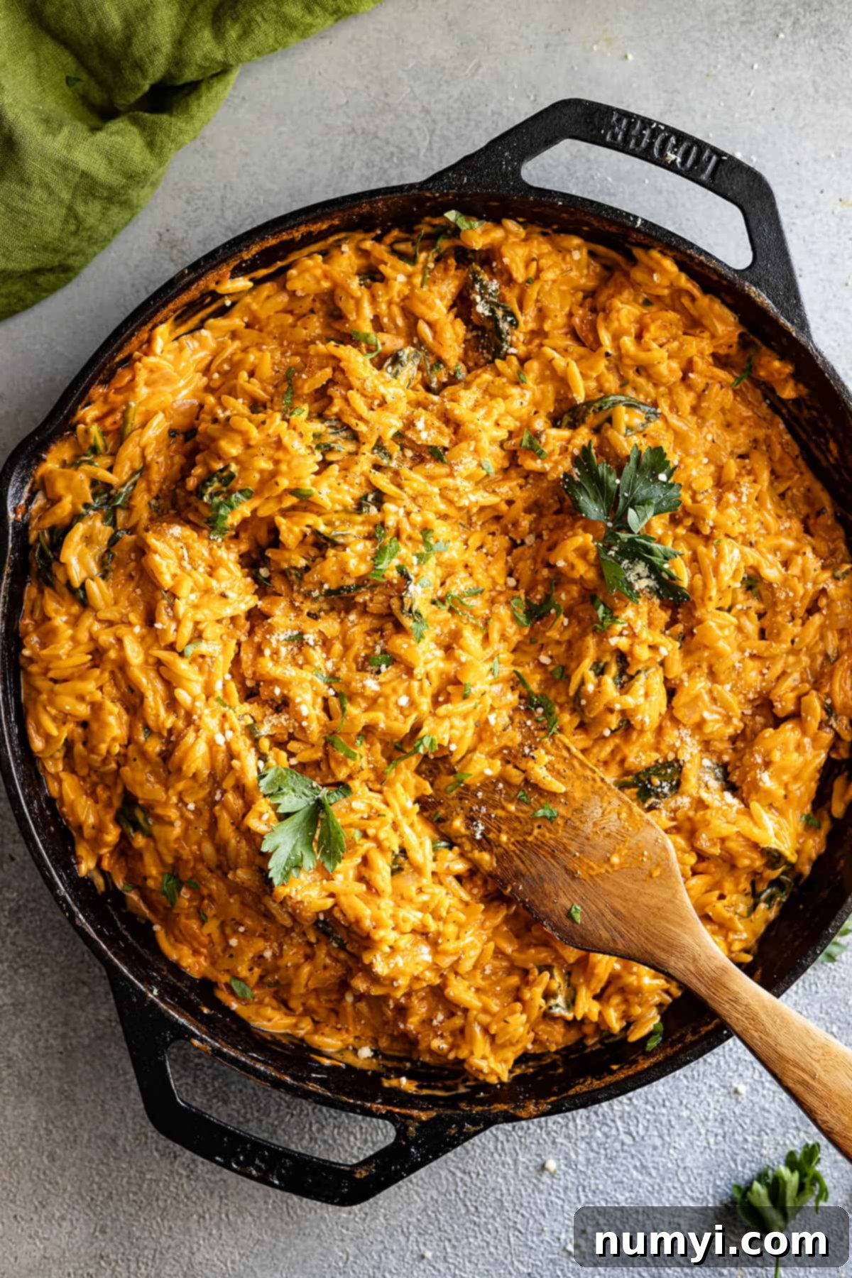 Overhead view of finished orzo in a cast iron skillet garnished with parsley and parmesan cheese.