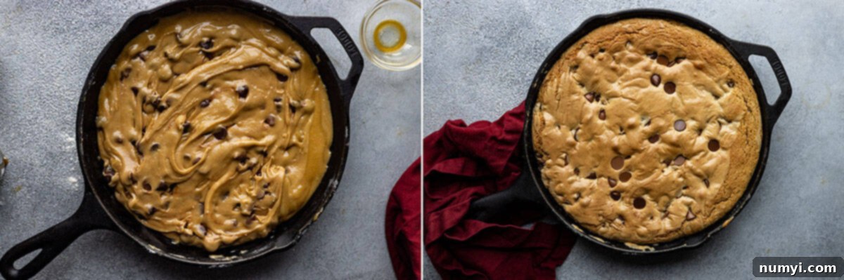 Two pictures. One of the cookie ready to go into the oven and the other of it coming out of the oven. 