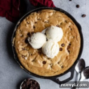 Overhead view of chocolate chip skillet cookie with vanilla ice cream on top ready to eat.