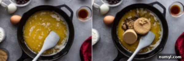 Two pictures showing melting the butter and adding the brown sugar.