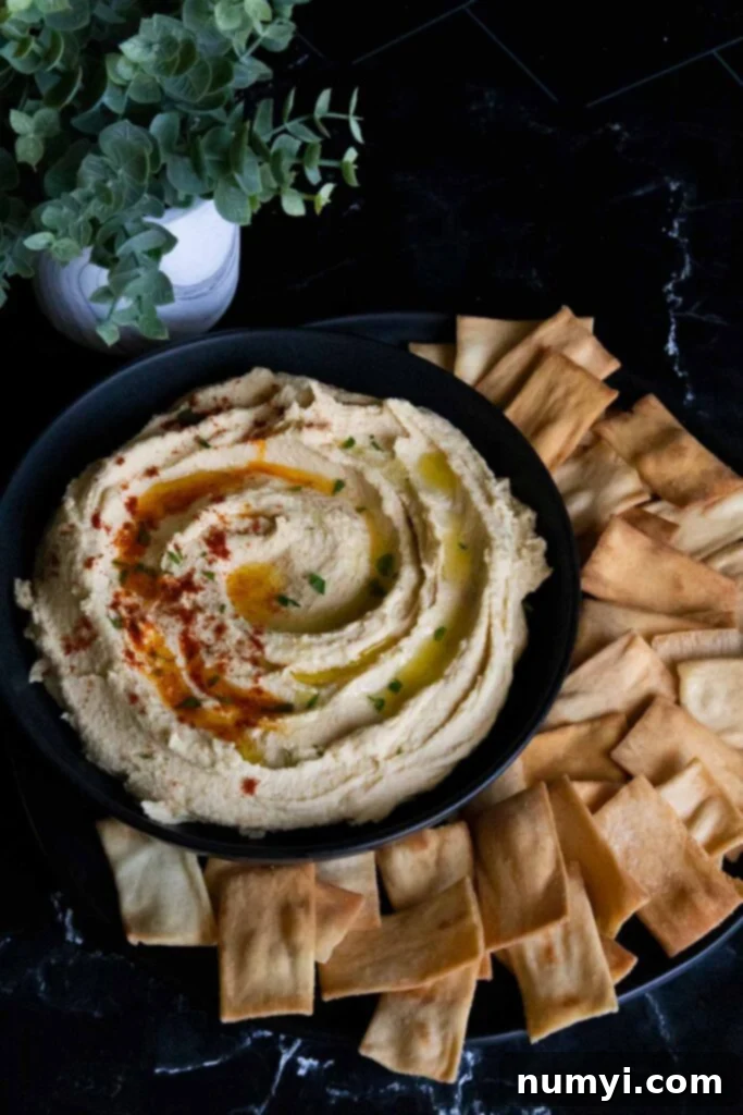 Hummus in a black bowl surrounded by pita chips and fresh vegetables like cucumber and bell peppers.