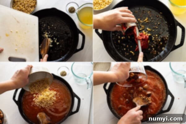 Four pictures showing how to make the pasta dish.