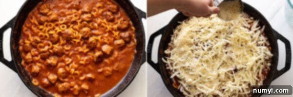 Two pictures showing pasta finished cooking and then being topped with cheese.
