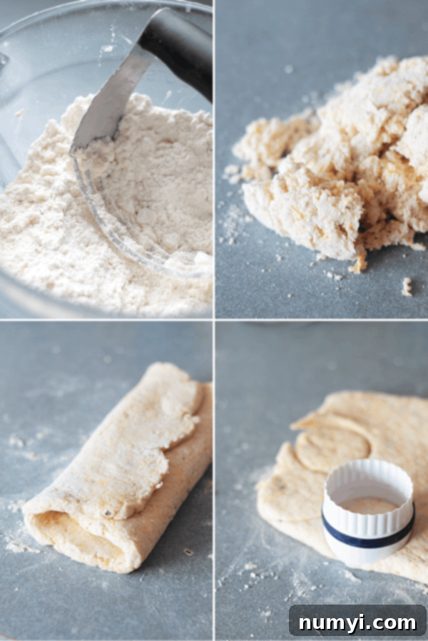 Fluffy Rosemary Cheddar Biscuits 3 four quadrants in a photo - the top left is a flour mixture in a bowl with a tool cutting in the butter, the top right is the crumbly dough on a dark grey surface, the bottom left is the dough rolled out and folded, and the bottom right is the dough rolled out and stamped into rounded shapes