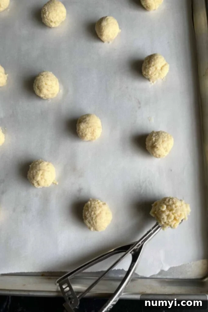 Rows of ricotta cookie dough balls, scooped and rolled, on a parchment-lined baking sheet