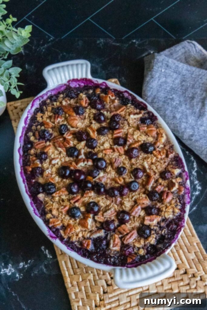 Blueberry baked oatmeal in a white oval baking dish.