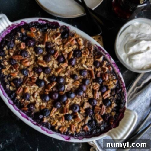 Blueberry baked oatmeal in a white oval baking dish.
